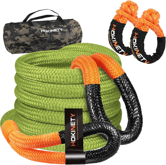 Kinetic Recovery Tow Rope: 1-1/8" x 20ft 48000LBS Snatch Strap with Soft Shackles Heavy Duty Offroad Towing Straps Kit for Trucks SUV UTV ATV Tractor Car Jeep - Green