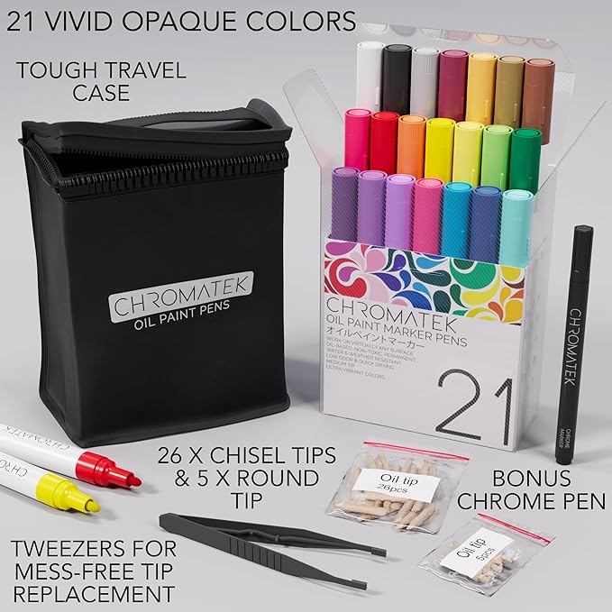 CHROMATEK Dual Tip Oil Based Paint Markers - 21 Colors Permanent Paint Pens for Rock Painting, Canvas, Glass, Wood, Stone & DIY Art Supplies - Quick Drying Waterproof Pen with Video Tutorials & Ebook