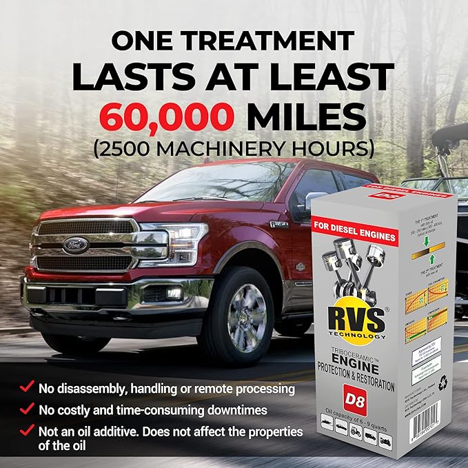 D8 engine oil treatment, For Diesel engines with a motor oil capacity up to 9 quarts; Safely Restore and protect your Car, Truck, Motorcycle and all other engines