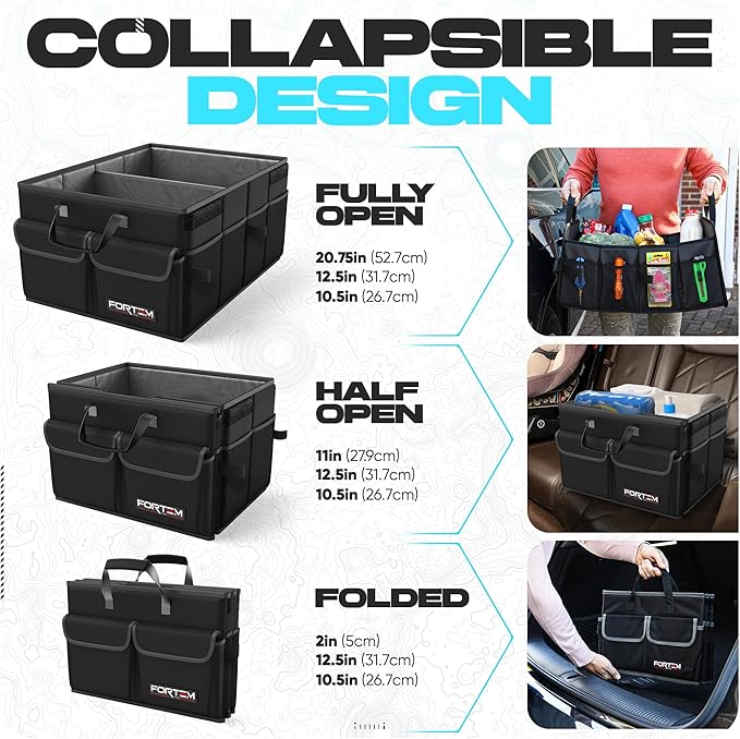 FORTEM Car Trunk Organizer, Collapsible Multi Compartment Car Organizer, Foldable SUV Storage for Car Accessories for Women Men, Soft Cover (Black)