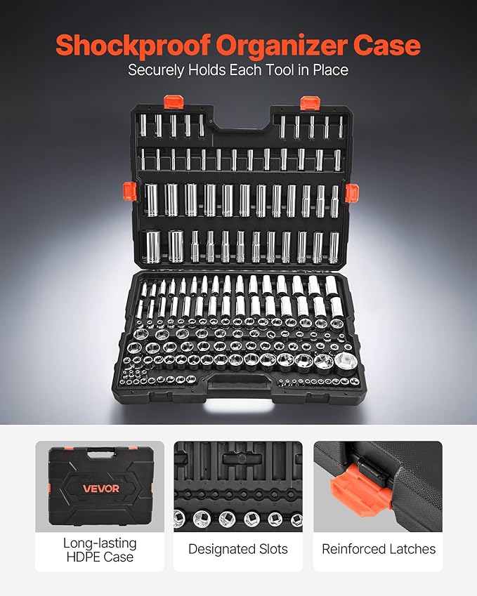 VEVOR Socket Set, 163 Pieces, 3/8 & 1/4 & 1/2 inch Drive Socket Tool Set, SAE and Metric, Deep and Standard, Mechanic Tool Kit with Storage Case, Chrome Plated CR-V Alloy Steel, for Automotive Repair
