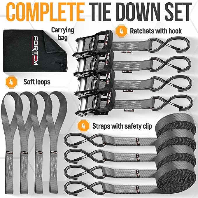 FORTEM Ratchet Tie Down Straps, 5208lb Break Strength, 4 Pack 10ft x 1.5in Heavy Duty Straps, 4 Soft Loops, Cam Buckles for Motorcycles, Safety Lock S Hooks, Carry Bag