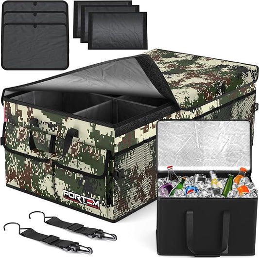 FORTEM Car Trunk Organizer with Cooler, Collapsible Multi Compartment SUV Organizer, Foldable Storage for Car Accessories for Women Men, 600D Oxford, Non Slip Bottom, Securing Straps Soft Cover (105L)