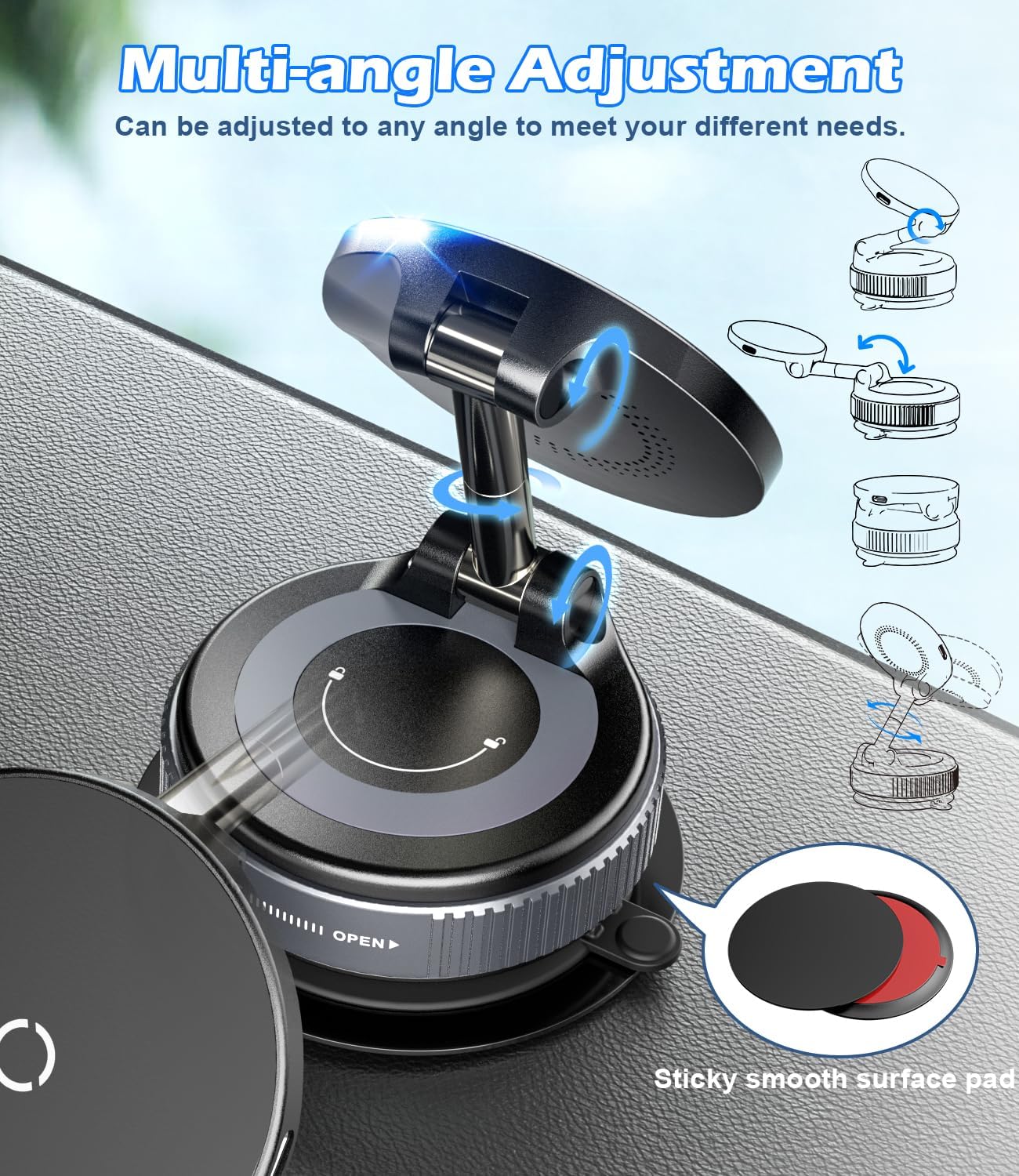 15W Wireless Charger Magnetic Car Phone Holder [Vacuum Suction Cup] 360° Adjustable & Foldable Car Mount for Dashboard/Windshield/Smooth Surface [Compatible with MagSafe] for iPhone/Samsung