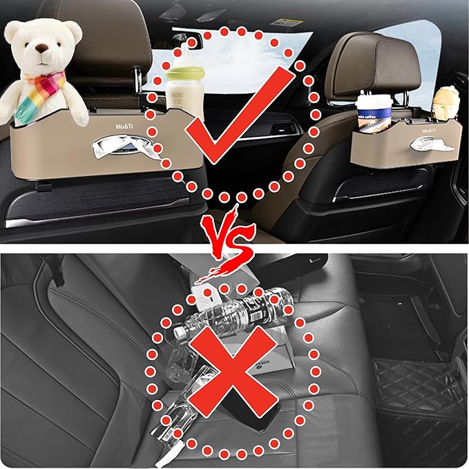 Mu&Ti Back Seat Car Organizer, Multifunctional Car Seat Back Storage Box with 2 Cup Holders, Tissue Box and Hook - Ideal for Kids and Travel(Beige)
