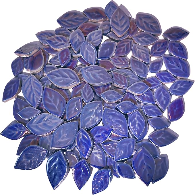 1.1LB Iridescent Leaves Ceramics Mosaic Tiles,Making Creative 3 Size Ceramic Mosaic Pieces for DIY Craft,Flowerpots,Vases,Cups,Garden Decor Mosaic Making Supplies (Navy Blue)