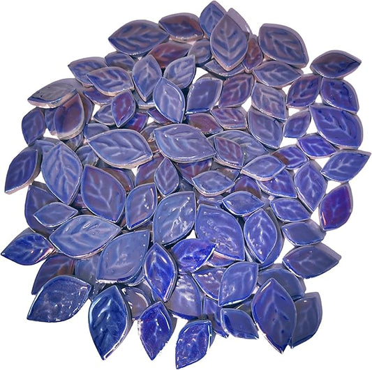 1.1LB Iridescent Leaves Ceramics Mosaic Tiles,Making Creative 3 Size Ceramic Mosaic Pieces for DIY Craft,Flowerpots,Vases,Cups,Garden Decor Mosaic Making Supplies (Navy Blue)