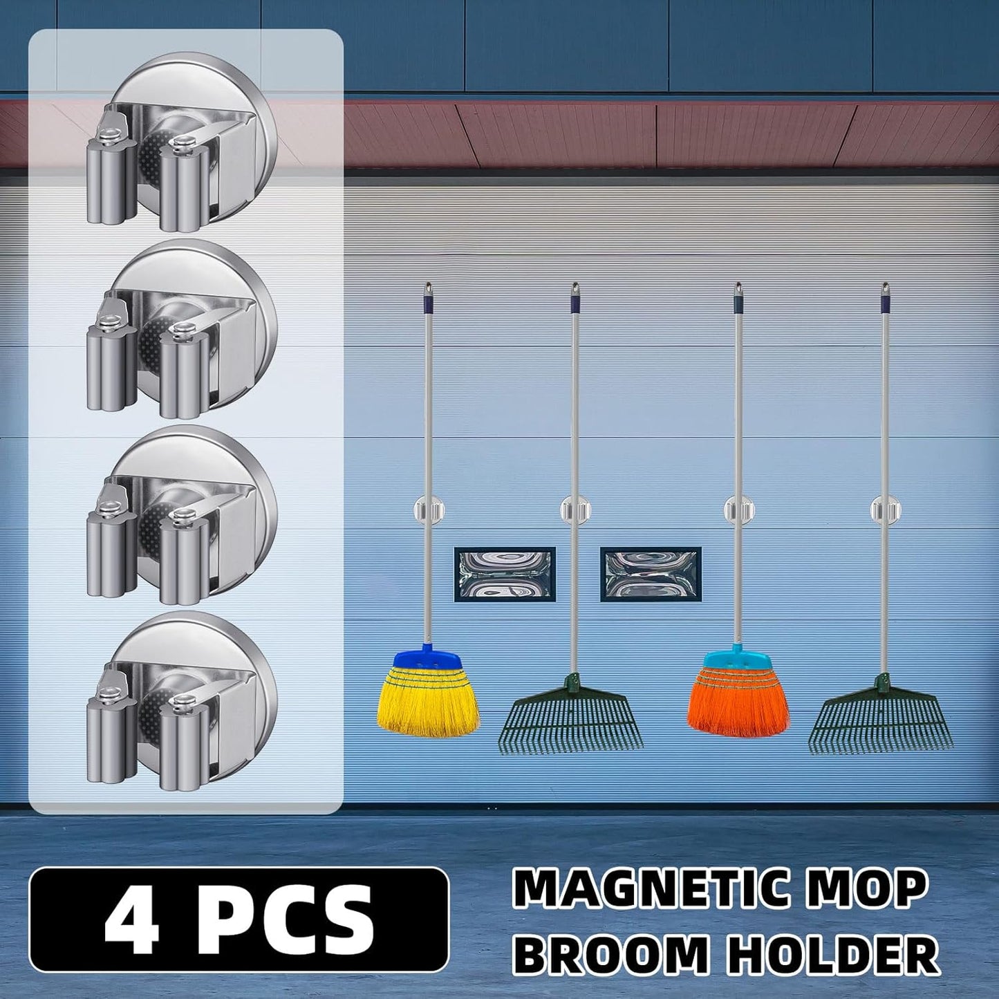 4 Pcs Magnetic Mop Broom Holder Movable Magnetic Broom Holder Rack, Anti Slip Wall Mounted Utility for Cleaning Tools, Garage, Kitchen, Laundry, Garden (Silver)