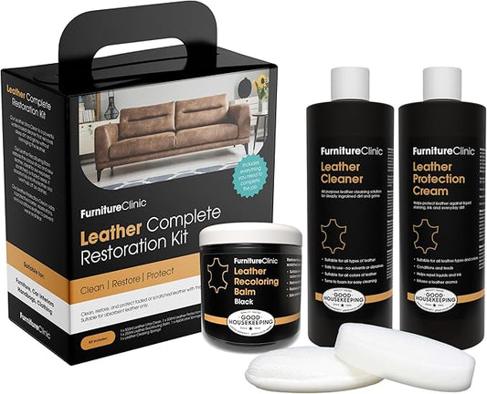 Furniture Clinic Leather Complete Restoration Kit | with Leather Recoloring Balm, Cleaner, 2-in-1 Protection Cream & Conditioner, Sponge, and Cloth | Repair Kit for Furniture (Black)