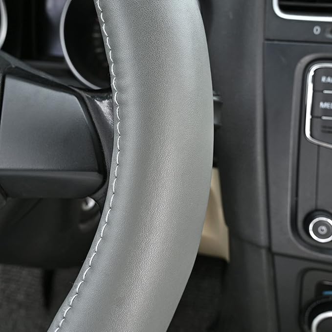 Haokay Heavy Duty Pure Cowhide Steering Wheel Cover SUV Car, Gray Genuine Leather Steering Wheel Cover Men Women Universal 14.5 to 15 Inch