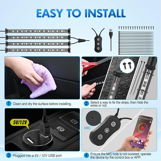 Nilight 4PCS USB Interior Car Lights 48 LEDs RGB LED Strips Lights with App Control Music Sound Active Mode Under Dash Footwell Ambient Lights 2 Line Design for Car Truck ATV UTV, 2 Years Warranty