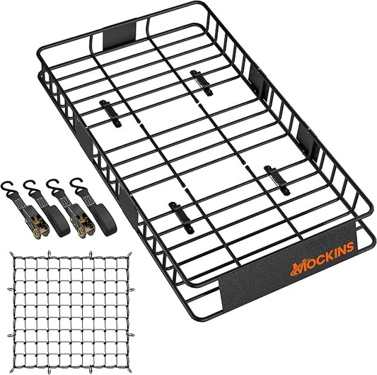 Mockins 64"x39"x6" Extendable Roof Rack Cargo Carrier for Top of Vehicle | 250lbs. Cap Car Top Carrier | Rooftop Cargo Basket for SUV, Car, Van & More | Roof Basket Set w/Ratchet Straps & Bungee Net