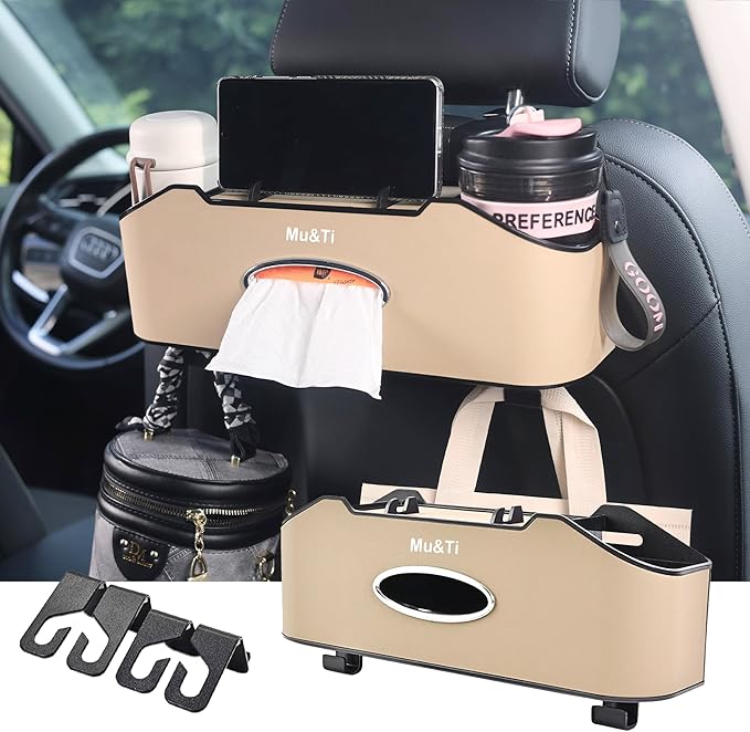 Mu&Ti Back Seat Car Organizer, Multifunctional Car Seat Back Storage Box with 2 Cup Holders, Tissue Box and Hook - Ideal for Kids and Travel(Beige)