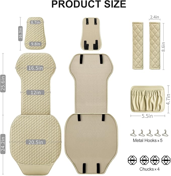 ENOGE 2 PCS Leather Car Seat Covers Front Seats Universal Sideless Seat Covers with Seat Belt Covers and Storage Pocket Waterproof Car Seat Protectors for Cars, SUV, Trucks (Beige)