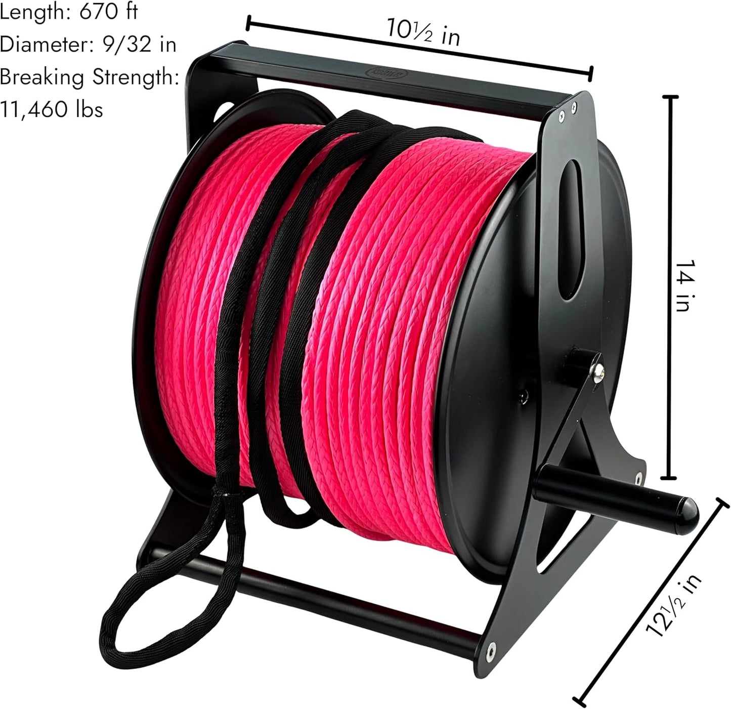 DOWN UNDER OUTDOORS Game/Log/4x4 Recovery Kit, Deer Drag, 650 ft of 9/32” (11,460 lbs) Winch Rope on Metal Reel, 2 Tree Savers, 2 Soft Shackles, 2 Snatch Rings, 2 Figure 8 Rings, Gear Bag
