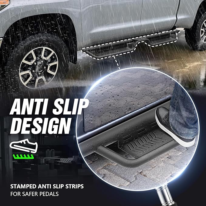 Double Cab Running Boards Side Steps Compatible with 2007-2021 Toyota Tundra Extended Cab (2 Half-Size Rear Doors), Bolt-on Nerf Bar Step Rails, Two Stairs Design (Black Steel, Star Logo)