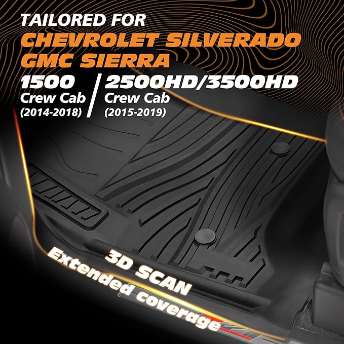 Floor Mats for 2014-2018 Chevrolet Silverado/GMC Sierra 1500 Crew Cab & 2015-2019 Chevy/GMC 2500HD/3500HD|Custom Fit|Front & Rear|Front Bucket|All-Weather Car Liners for Trucks