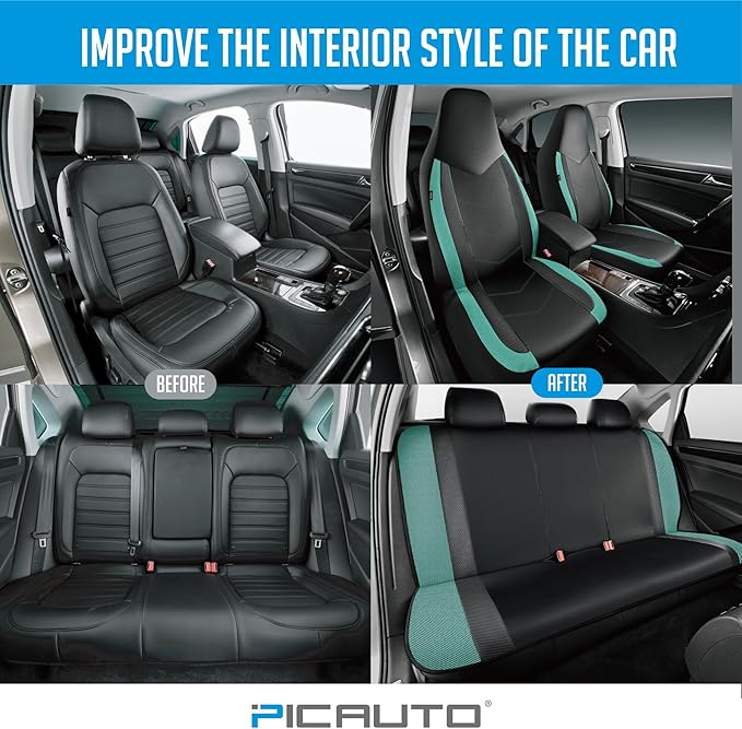 PIC AUTO Leather Car Seat Covers, Sports Carbon Fiber & Mesh Design, High-Back Front & Rear Full Set, Waterproof Automotive Seat Covers, Airbag Compatible, Universal Fit for Most Cars (Black & Mint)