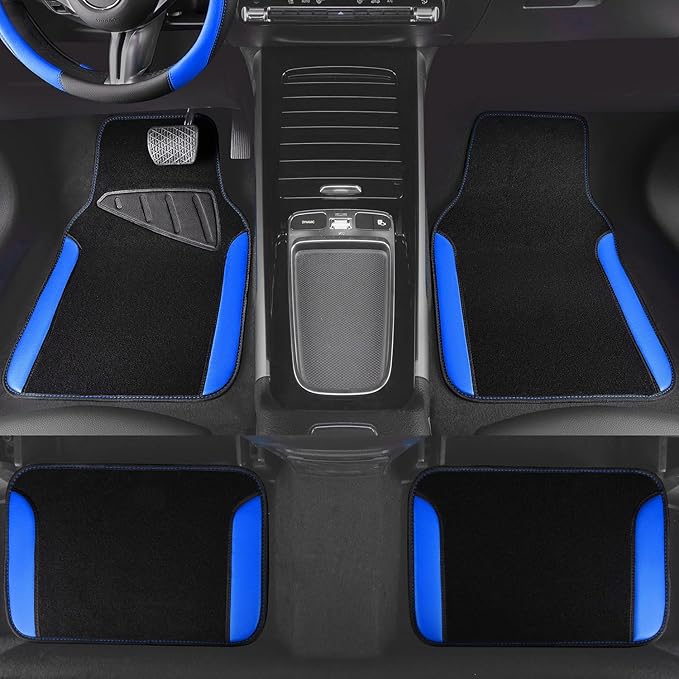 CAR PASS Faux Leather Steering Wheel Cover and Waterproof Car Floor Mats,Universal Car Combo Fit for 95% Sedan,SUV,Cars,14.5-15inch Sporty Anti-Slip Safety Comfortable Design(Black＆Bule)