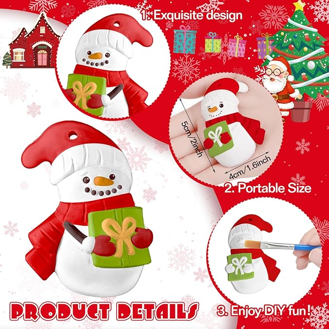 TecUnite 28 Pcs Ceramic to Paint Christmas Ornament Crafts Adults Unpainted DIY Ceramic Figurines Decorate and Paint Your Own Ornaments Kits DIY Craft Xmas Holiday Activities(Snowman)