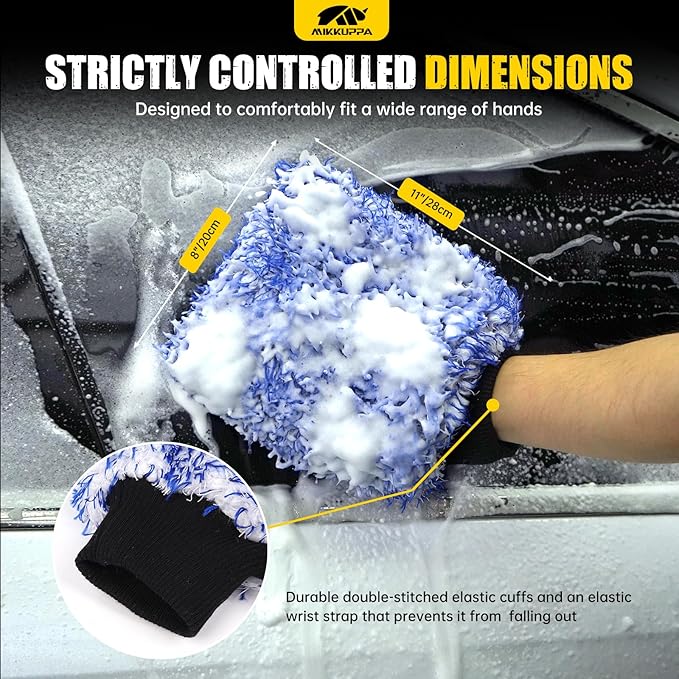 MIKKUPPA Microfiber Car Wash Mitt - Double-Sided Ultra Absorbent Scratch Free Premium Blend Glove for Car Washing Home Cleaning (Blue & Black, 8Pack, 11'' x 8'')