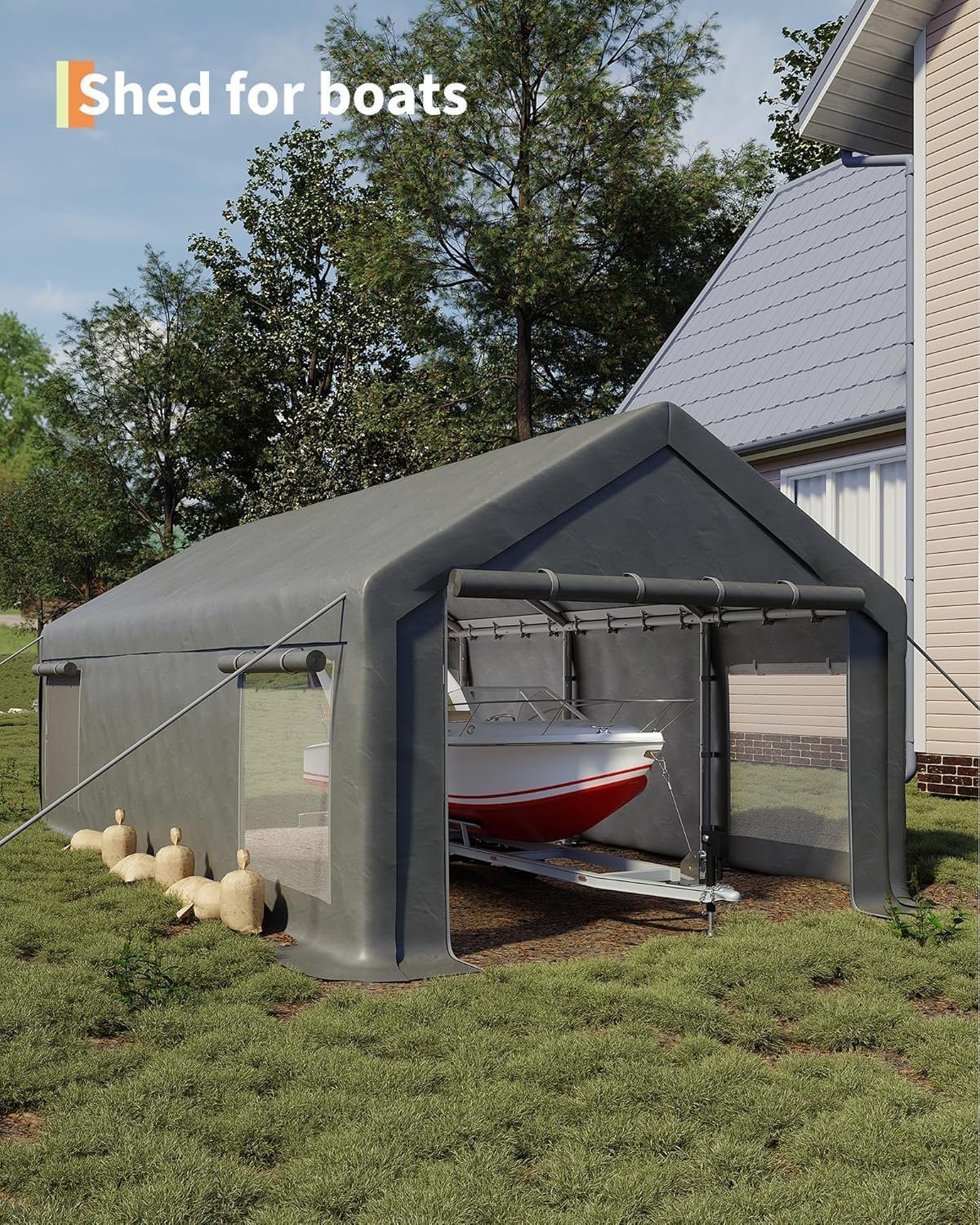 13 x 25ft Heavy-Duty Carport Canopy with Roll-Up Windows & DoorsThickened Wind Ropes, Ground Nails, Portable Car Tent Garage for Cars, Trucks, Boats, 200G Durable Tarp Cover,Grey