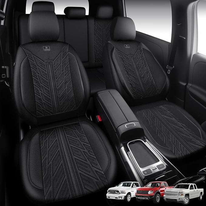 CAR PASS Leather Oxford Car Seat Covers Full Set,Waterproof Seat Cover for Truck,All Weather Non-Slip Durable Universal Fit for Extra Large Truck Car SUV Sedan Van Automotive,Black 3D Tyre Embossed