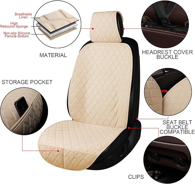 ENOGE Car Seat Cover, Front Car Seat Covers, Driver Seat Protector with Soft & Breathable Cloth Fabric for All Seasons Universal Fits Most Automotive, Van, SUV, Truck (Beige, 1 Front)