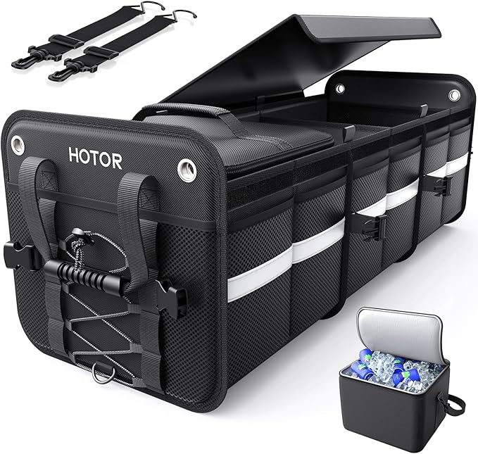 HOTOR Trunk Organizer - 3-Compartment Car Organizer and Storage with Cooler Bag, Foldable Car Storage Organizer for SUV with Handles & Strap for Shopping, Picnic, 33.1" x 13.0" x 11.8", Black