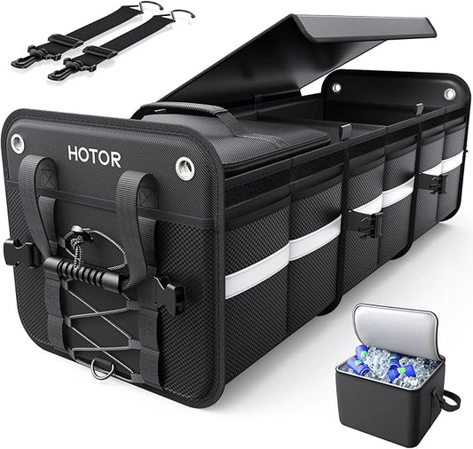 HOTOR Trunk Organizer - 3-Compartment Car Organizer and Storage with Cooler Bag, Foldable Car Storage Organizer for SUV with Handles & Strap for Shopping, Picnic, 33.1" x 13.0" x 11.8", Black