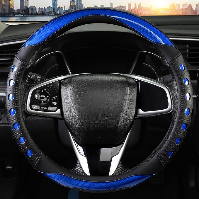 Leather Car Steering Wheel Cover with Anti-Slip Grip, for Women and Men, Universal Fit for 14.5-15 Inch Cars, Trucks, SUVs (Blue (Round), Medium(Standard) Size[14 1/2''-15''])