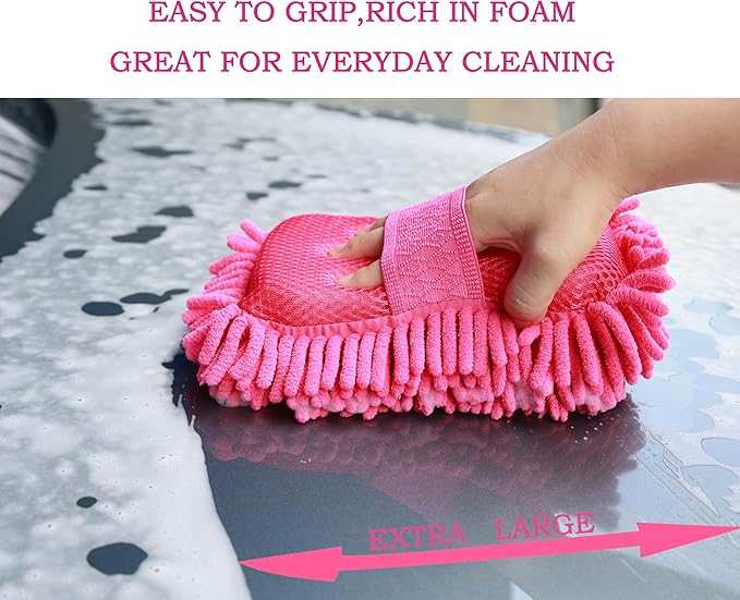 Microfiber Car Wash Sponge-Non-Scratch Wash Mitt-Two Sided Chenille Microfiber Washing Sponge-Mitt for Cars, Trucks, SUVs, Boats(2 Pack Pink)