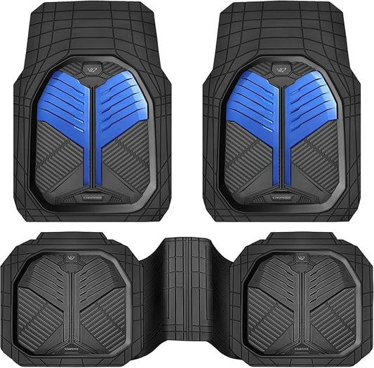 CAR PASS Heavy Duty Rubber Car Mats, Deep-Dish Car Floor Mats All Weather, Universal Two-Tone Trim-to-Fit for SUVs Trucks Sedans, Waterproof Anti-Slip, 3 Pieces V12 Black and Metallic Blue