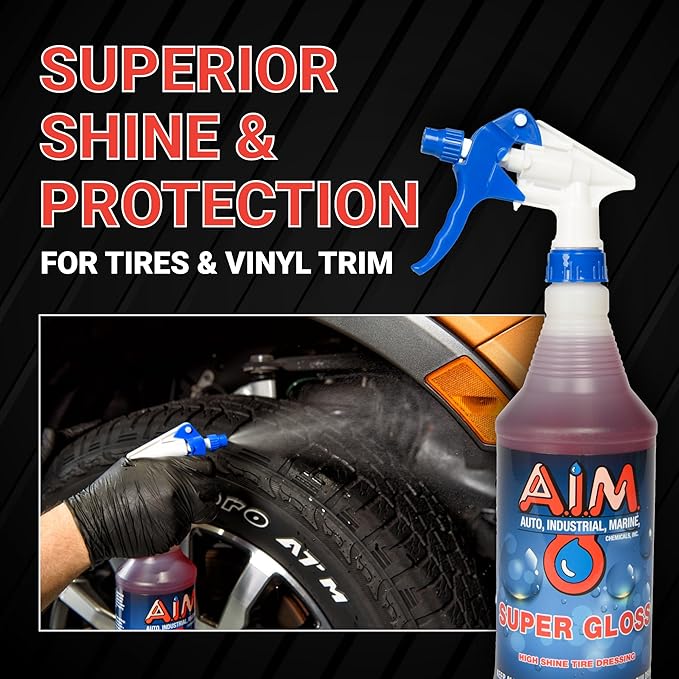 AIM Chemicals Super Gloss - Durable long lasting Tire Shine, Rubber & Vinyl Protector, Long-Lasting UV Protection, Versatile Application for Tires, Plastic Trims, Bumpers - Gal