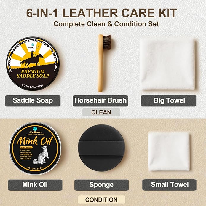 Saddle Soap for Leather – 6-in-1 Leather Cleaner & Conditioner with Saddle Soap & Mink Oil (3.52oz Each), Brush, Sponge & Towels – Complete Care Kit for Leather Boots, Bags, Car Interiors, Shoes