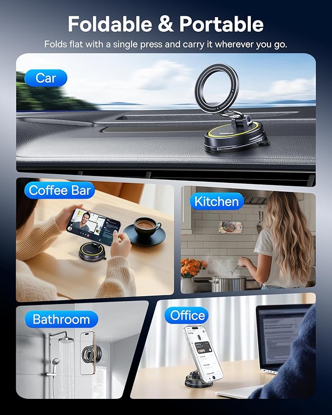 Baseus for Magsafe Car Mount, Vacuum 119LBS Magnetic Suction Cup Phone Holder for Car, 720° Adjustable Foldable Cell Phone Holder with Reusable Washable Gel for Car & for iPhone 17 16 15 14 13 Pro Max