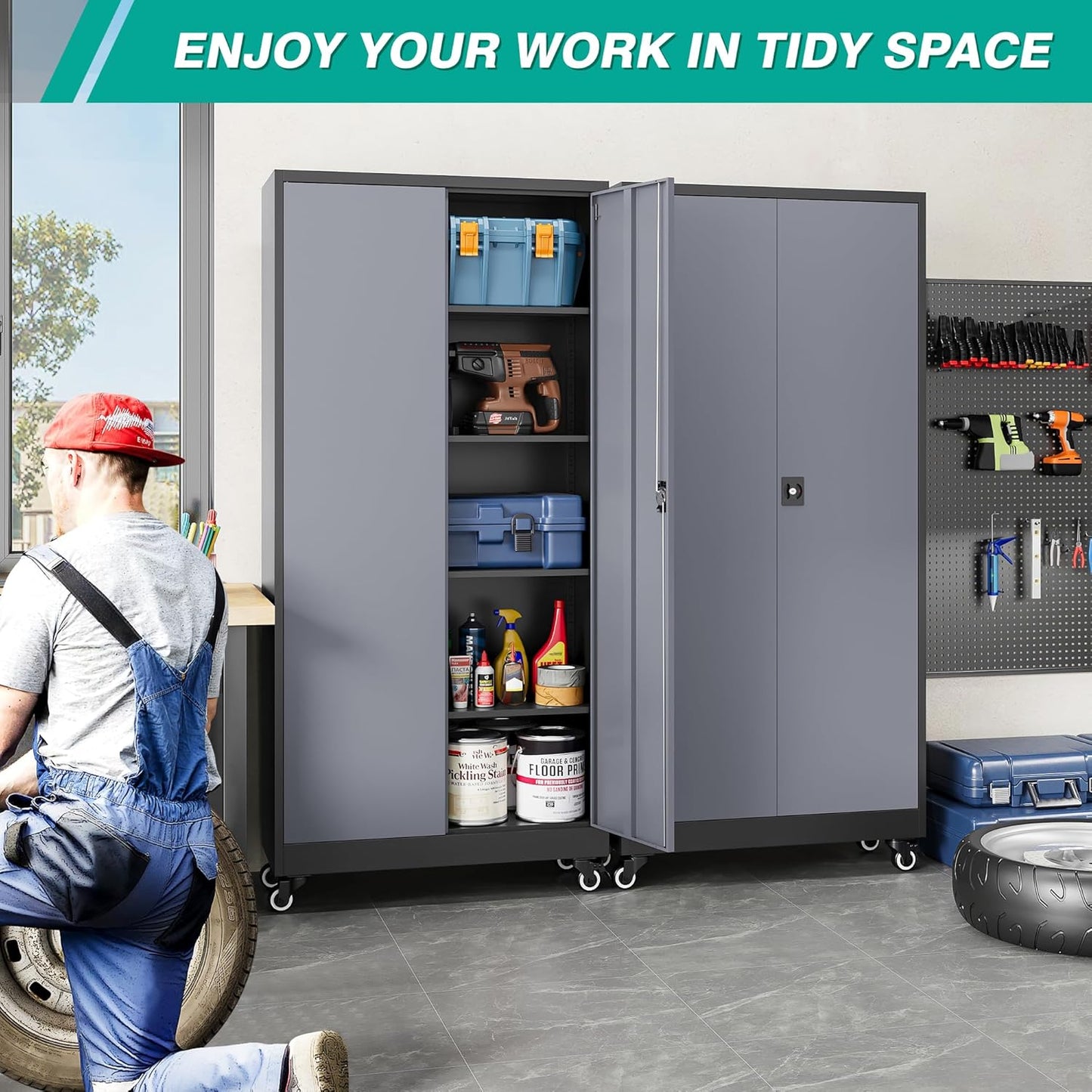 75" Tall Metal Storage Cabinet with Wheels,Rolling Garage Storage Cabinet with Lock,Gray Metal Cabinets with Wheels and Shelves,Tall Tool Cabinets on Wheel for Garage,Home,Office,Shop