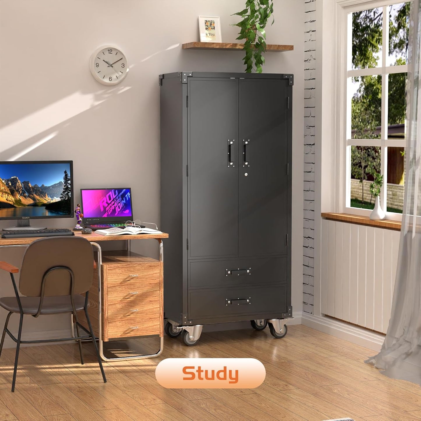 Rolling Storage Cabinet with 2 Doors and 2 Drawers, Heavy Duty Metal Storage Cabinet with Shelves, Locking Steel Cabinet for Warehouse, Home, Office (Black)