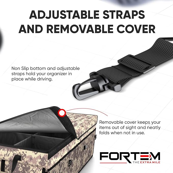 FORTEM Car Trunk Organizer with Cooler, Collapsible Multi Compartment SUV Organizer, Foldable Storage for Car Accessories for Women Men, 600D Oxford, Non Slip Bottom, Securing Straps Soft Cover (105L)