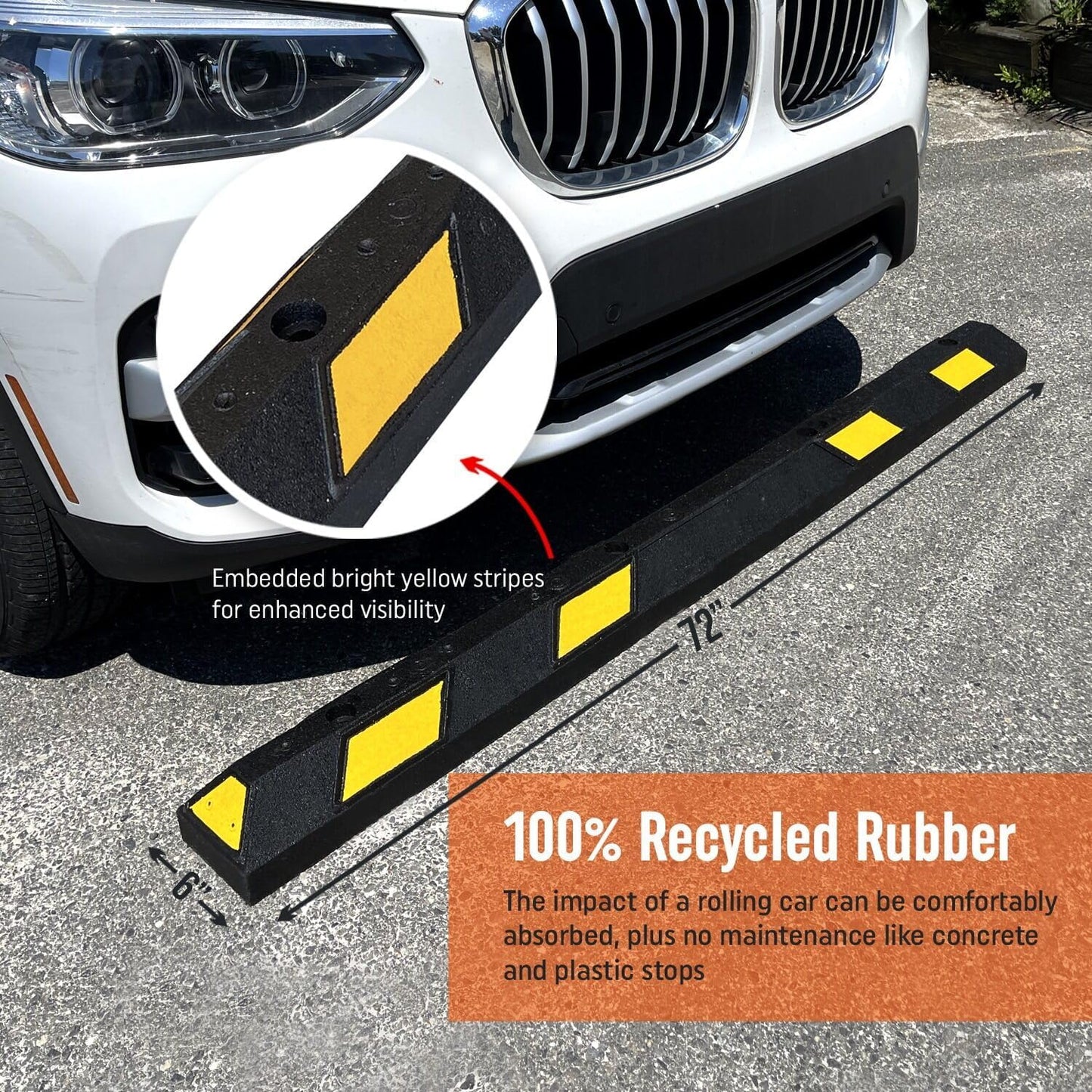 SmartSign Rubber Parking Curb, (Pack of 10) Heavy Duty Parking Stops with Yellow Reflective Stripe Chevrons, 72" Long (6ft), Wheel Stops for Parking Lots/Garage/Cars/Trucks, Pre-Drilled Holes