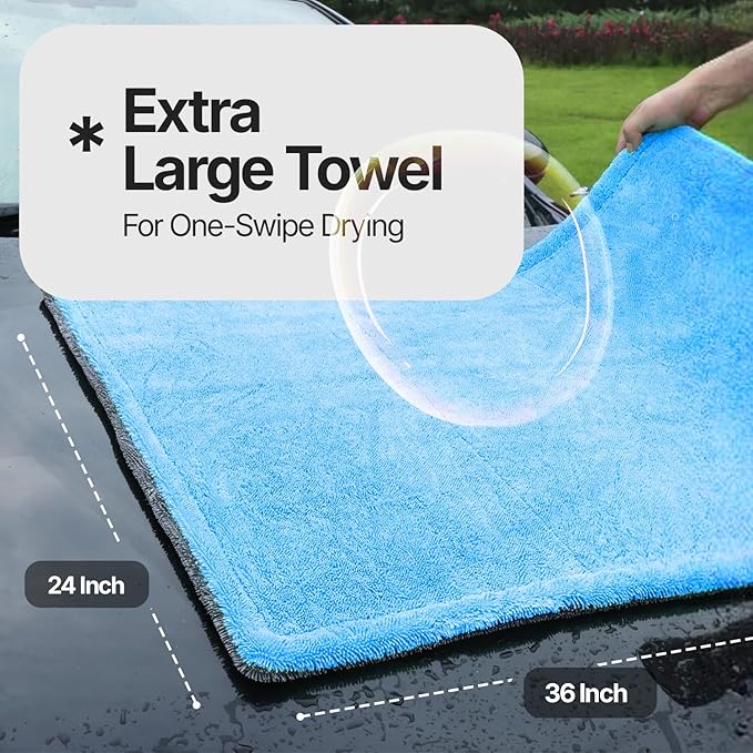 Quick & Effortless XL (36x24) Car Drying Towel with Double Twisted Loop - 1300GSM Super Absorbent Microfiber Towel Perfect for Large Vehicles, The Ultimate One-Pass Shine Zero Streaks, Zero Spots