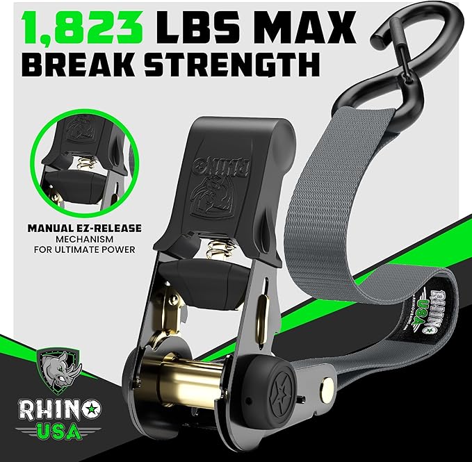 Rhino USA Ratchet Straps Tie Downs (4-Pack) - 1 Inch x 15 Feet (1,823lb Break Strength) - Ultimate Tie Down Straps with Safety S Hooks - for Trucks, Cargo, Moving, Appliances - Grey
