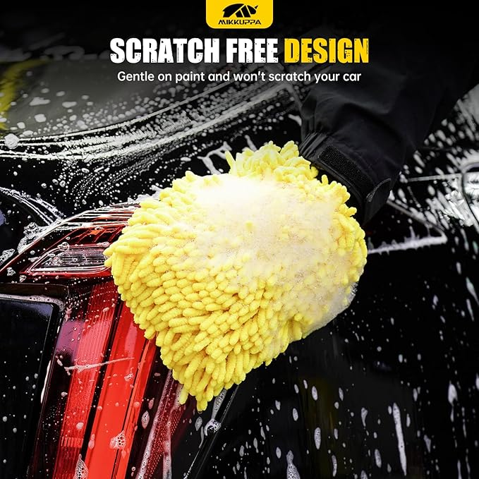 MIKKUPPA Car Wash Mitt Microfiber - Double-Sided Chenille Scratch Free Mitt with Waterproof Inner for Car Washing Home Cleaning (Yellow, 2Pack, 10'' x 7'')