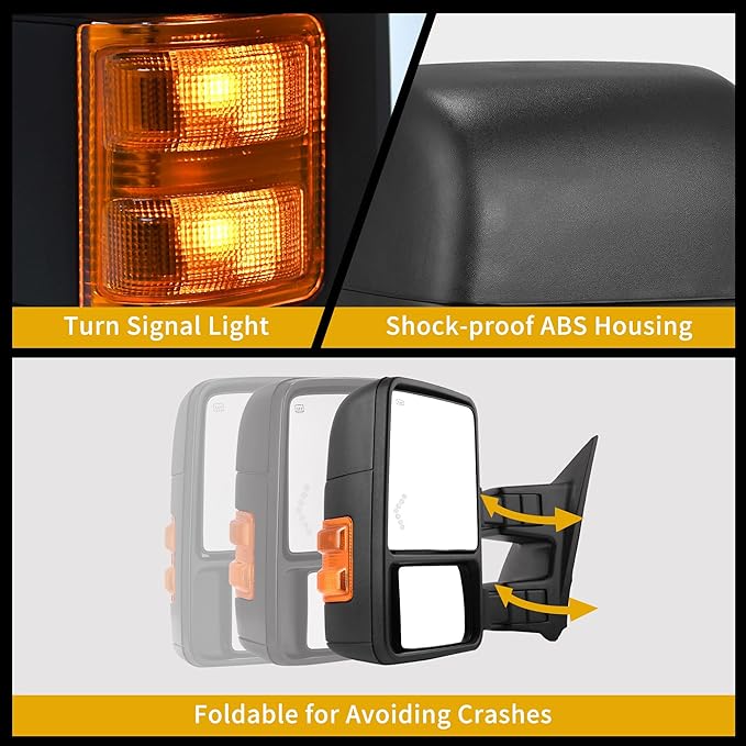 DWVO Towing Side Mirrors Compatible with 08-16 Ford F250 F350 F450 F550 Super Duty Mirror with Manual Telescoping Folding Heated Amber Turn Signal Light Power Pair Black