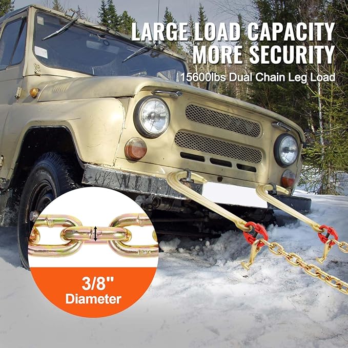 VEVOR G80 V Bridle Chain, 3/8" x 2' Towing Chain Bridle with 15" J Hooks, T Hooks & Grab Hooks, Heavy Duty Transport Tow Chain Bridle with 7800 lbs Safe Working Load for Flatbed Truck Wrecker Recovery