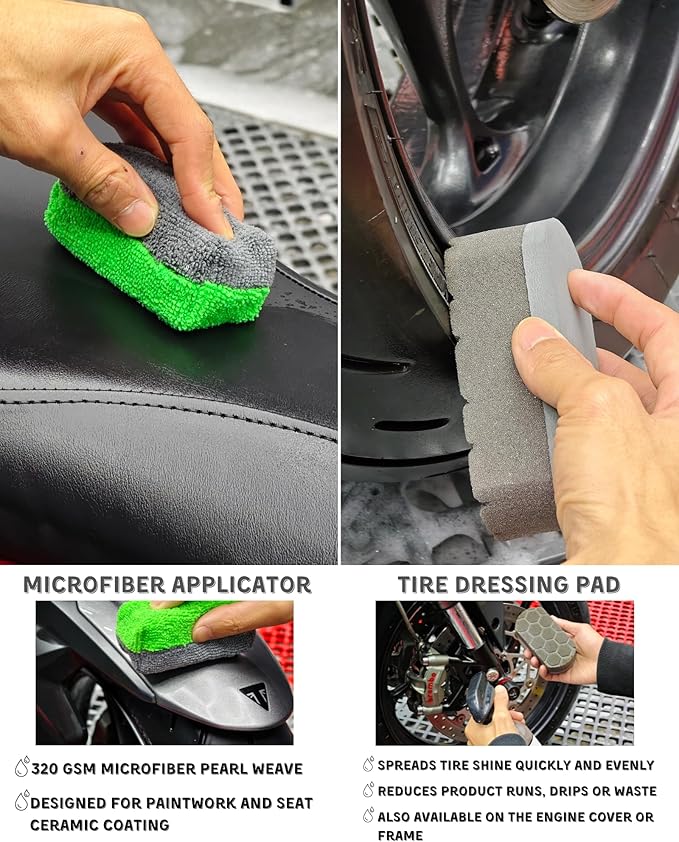 8 Pack Motorcycle Cleaning Kit - Professional Safe for Chrome/Engine/Tires, Hard Reach Brush, Microfiber Mitt, Detailing Tools, Drying Towel & Wax Applicators