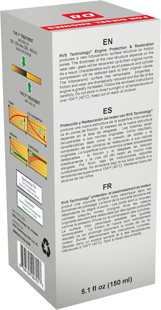 D8 engine oil treatment, For Diesel engines with a motor oil capacity up to 9 quarts; Safely Restore and protect your Car, Truck, Motorcycle and all other engines