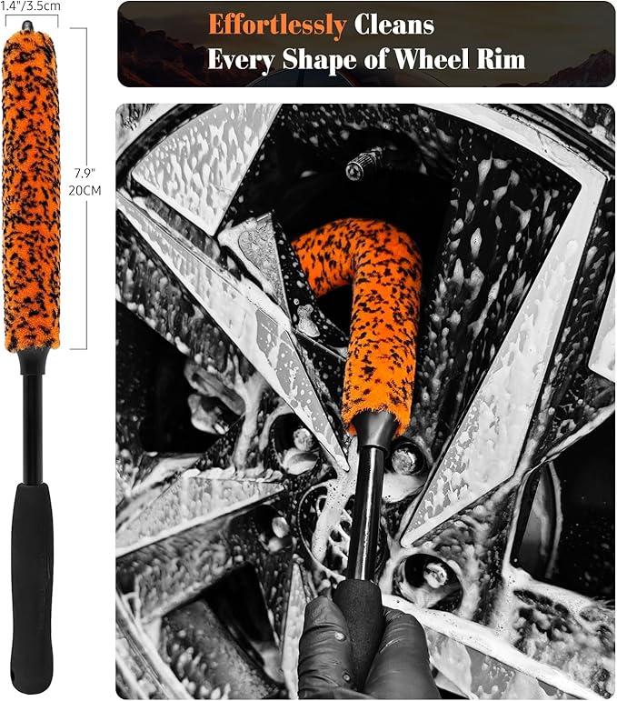YeewayVeh Car Wheel Brush Kit, 3 Pack Scratch-Free Wheel Cleaner Brush and Detailing Brush, Wheel Car Cleaning Wash Brushes for Vehicle Motorcycle Rim Fenders Engine Exhaust Tips, Orange&Black