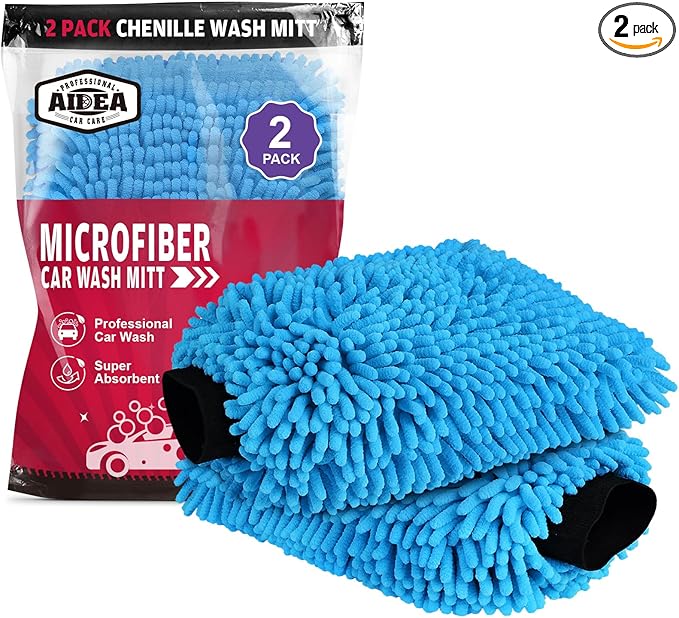 AIDEA Car Wash Mitt Microfiber-2PK, Scratch-Free& Lint-Free, Premium Chenille Microfiber Wash Mitt-Blue Regular Size (7.12''X10.14'')