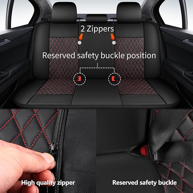 Leather Car Seat Covers,Breathable and Waterproof Seat Cover Full Set,PU Premium Universal Fit Automotive Airbag Compatible for Cars Sedans SUVs Vans and Trucks(Full Seat,Black+Redline,N1)